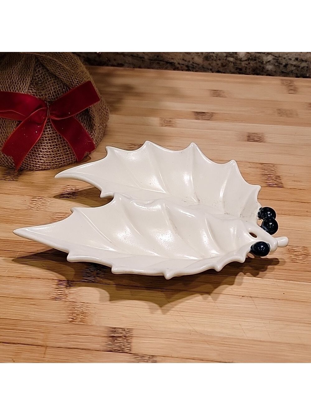 Mid Century White Ceramic Holiday Holly Leaf with Berries Candy Dish - Picture 3 of 5
